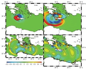  La propagazione delle onde dello tsunami di Creta nel 365 ricostruita al computer. Nel giro circa un’ora le onde colpiscono le coste ioniche di Sicilia e Calabria. Tratto da Shaw B., 2008, op. cit. in bibliografia